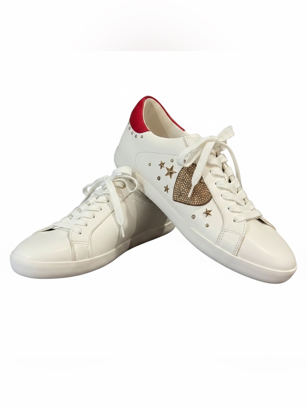 ALDO Women’s White Red Low Top Sneakers Glitter Shield Star Studded Lace Up Sz 8